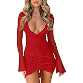 GOBLES Women's Sexy Long Sleeve Deep V Neck Drawstring Bodycon Mini Cocktail Party Dress