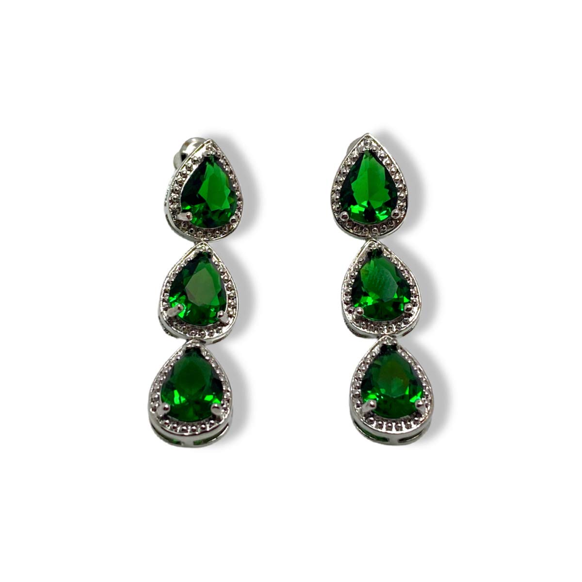 White gold finish pear cut green emerald and created diamond droplet earrings for women Birthday New Year Valentine's Day Gift for Mum Wife Sister Girlfriend-Come with Gift Box