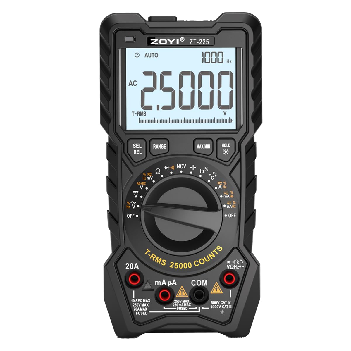 ZOYI ZT‑225 Professional Digital Multimeter, AC+DC Merge Voltage Function 25,000-Count, 20A, Auto/Manual Range True RMS Multi Voltage Tester, NCV, Temp, Square Wave, CAT IV