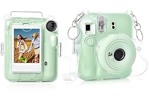 Rieibi Clear Case Compatible with Fuji Instax Mini 12, Hard Carrying Case Bag for Fujifilm Instax Mini 12 Instant Camera, PC Cover with Photo Storage Pocket & Shoulder Strap