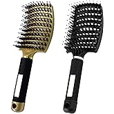 MOODKEY 2PCS Curved Vented Hair Brush Boar Bristle Hair Brushes Paddle Detangling Brush Professional Styling Hairbrushes Detangler for Women/Men/Kids Wet Dry Thick Curly Straight Hair (Gold+Black)