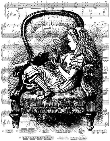8x10 Fine Art Print, Alice in Wonderland Decorations, Alice and Her Cat Dinah, Overlaid on Sheet Music Artwork, a Fine Art Giclee Print. Size: 8x10 (Wadcm810)