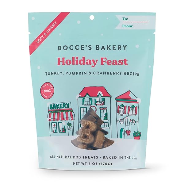 BOCCE’S BAKERY HOLIDAY FEAST RECIPE TREATS FOR DOGS, WHEAT-FREE EVERYDAY DOG TREATS, MADE WITH REAL INGREDIENTS, BAKED IN THE USA, ALL-NATURAL SOFT & CHEWY COOKIES, TURKEY, PUMPKIN & CRANBERRY, 6 OZ