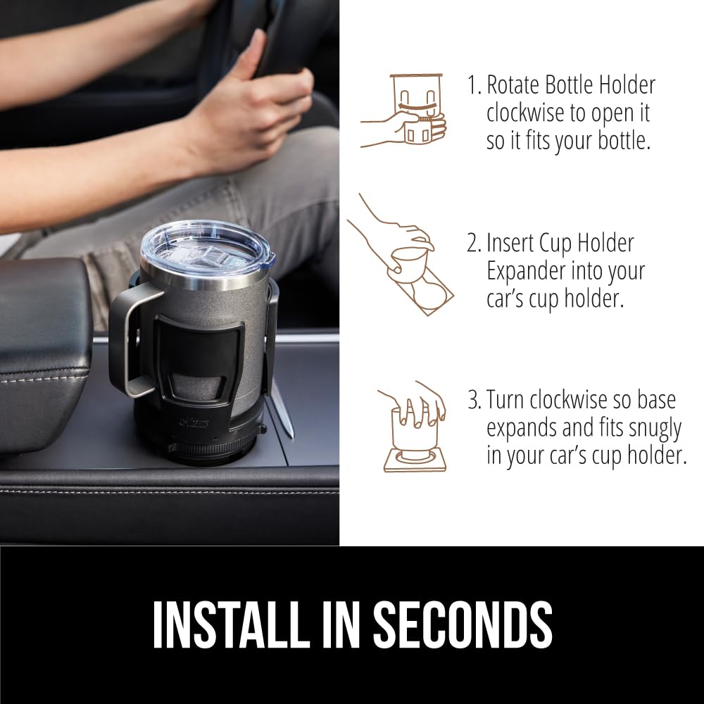GORILLA GRIP Patent Pending Car Cup Holder Expander, Keeps Large Drink Cups Secure, Expands Fits Yeti, HydroFlask, Stanley 18 to 48oz Large Water Bottles, Coffee Mug, Adjustable Arms Insert, Black