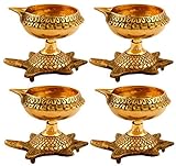 Hashcart (Set of 10) Handmade Indian Puja Brass Oil Lamp - Golden Diya Lamp Engraved Design Dia with Turtle Base