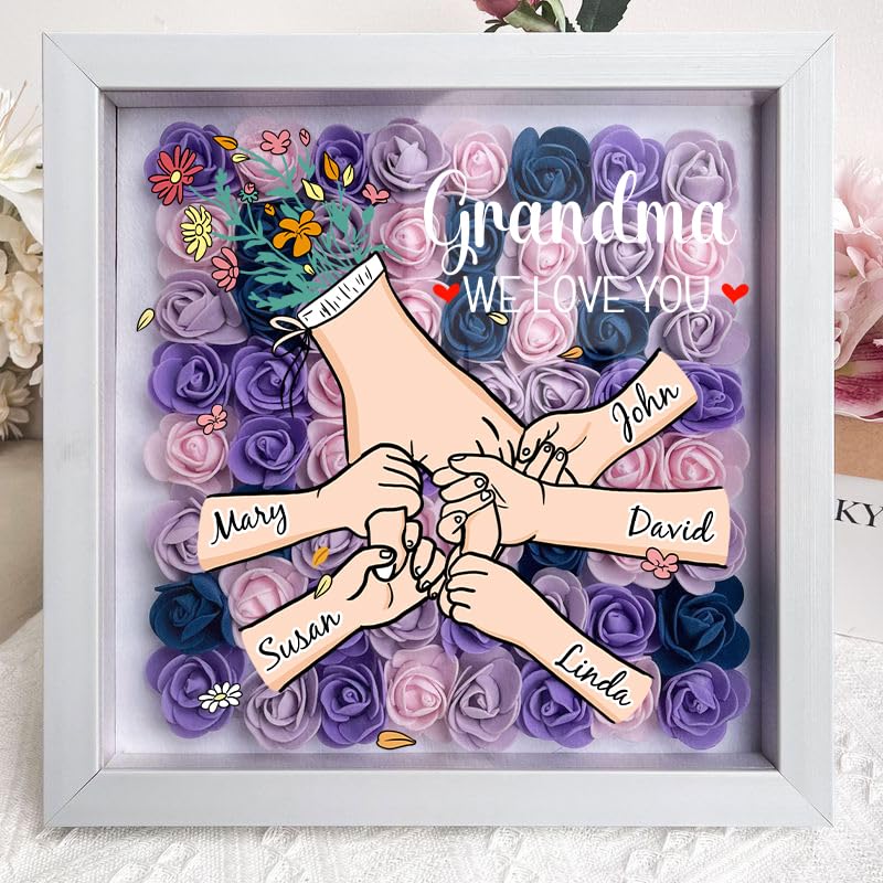 Personalised Flower Shadow Box for Mum & Grandma with Names – Family Love Blooms Forever Gift for Mother's Day, Birthday, Mom Gift, Mother's Day Gift,Gift for Mom