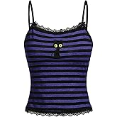 SOLY HUX Women's Y2k Lace Striped Cami Crop Tops Spaghetti Strap Cat Embroidery Camisole