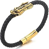 COOLSTEELANDBEYOND Vintage Gold Stainless Steel Dragon Head Braided Black Leather Bangle Bracelet Wristband, Mens