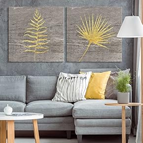 2 Panel Square Canvas Wall Art - Yellow Ferns Wood Effect Canvas - Giclee Print Gallery Wrap Modern Home Art Ready to Hang - 12"x12" x 2 Panels