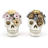 2 Gothic Halloween Decor Resin Pastel Flower Skull Figurines (Floral Skull) | Hand-Painted Detail, Pastel & Metallic Accents, Gothic Tabletop Style, Mantel & Shelf Ready, Day of the Dead Inspired