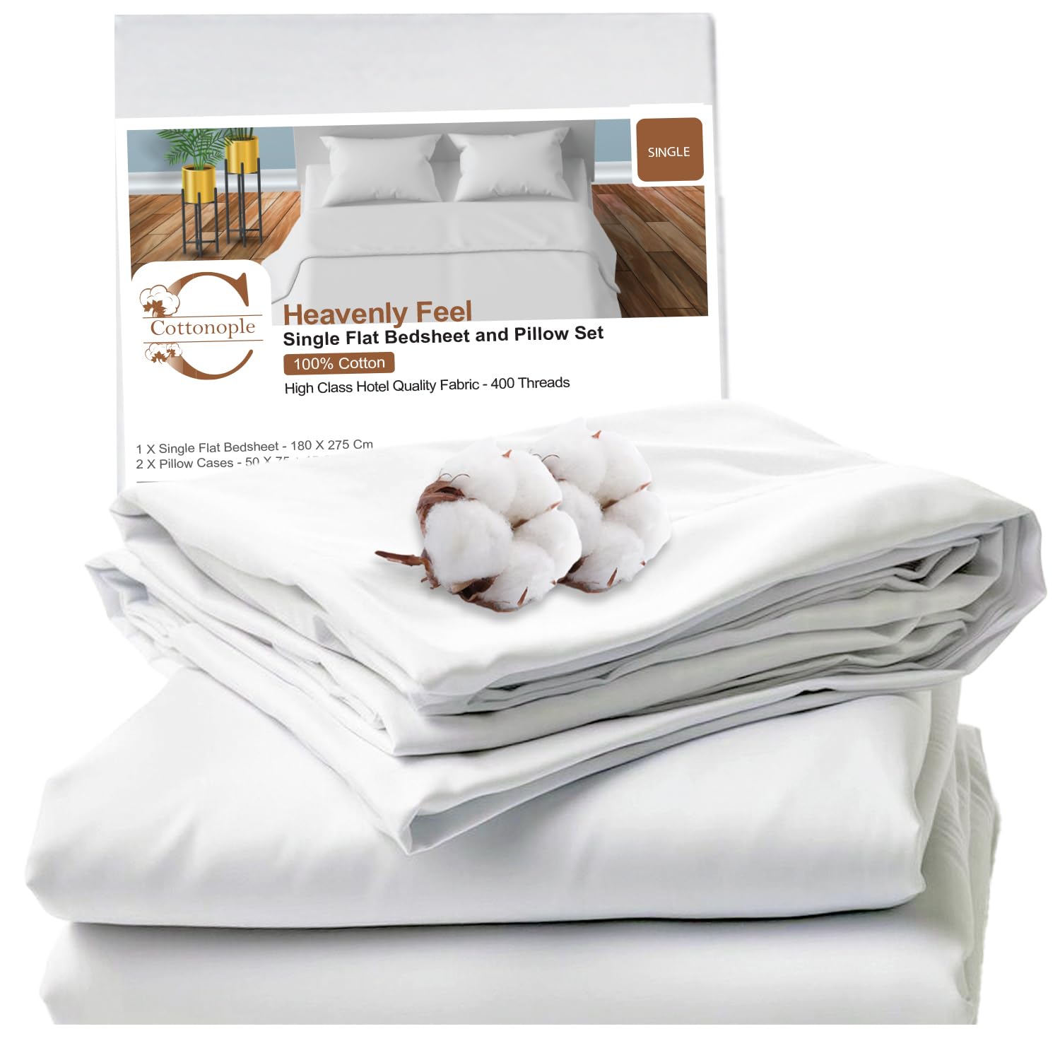 Cottonople Hotel Quality Sateen 2 Piece Single Bed Sheet Set (180x275cm) - Luxurious Tightly Woven 400 TC White Sheet with 1 Pillowcase(50x75),100% Cotton Flat Sheets for Superior Comfort
