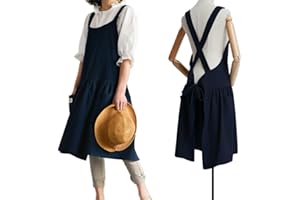NEWGEM Cotton Linen Cross Back Apron for Women with Pockets for Cooking Baking Navy Blue with Waist Ties