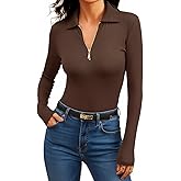 Meetrendi Women's Long Sleeve Business Casual Collared Work Top Half Zip Slim Fitted Ribbed Work Blouse for Fall Office