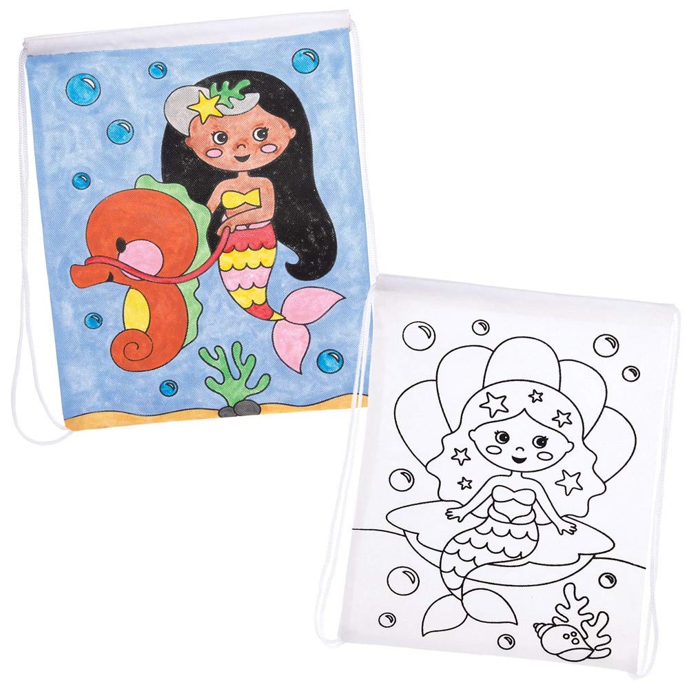 Baker Ross AT715 Mermaid Colour in Fabric Drawstring Back - Packs - Pack of 3, for Kids to Personalize