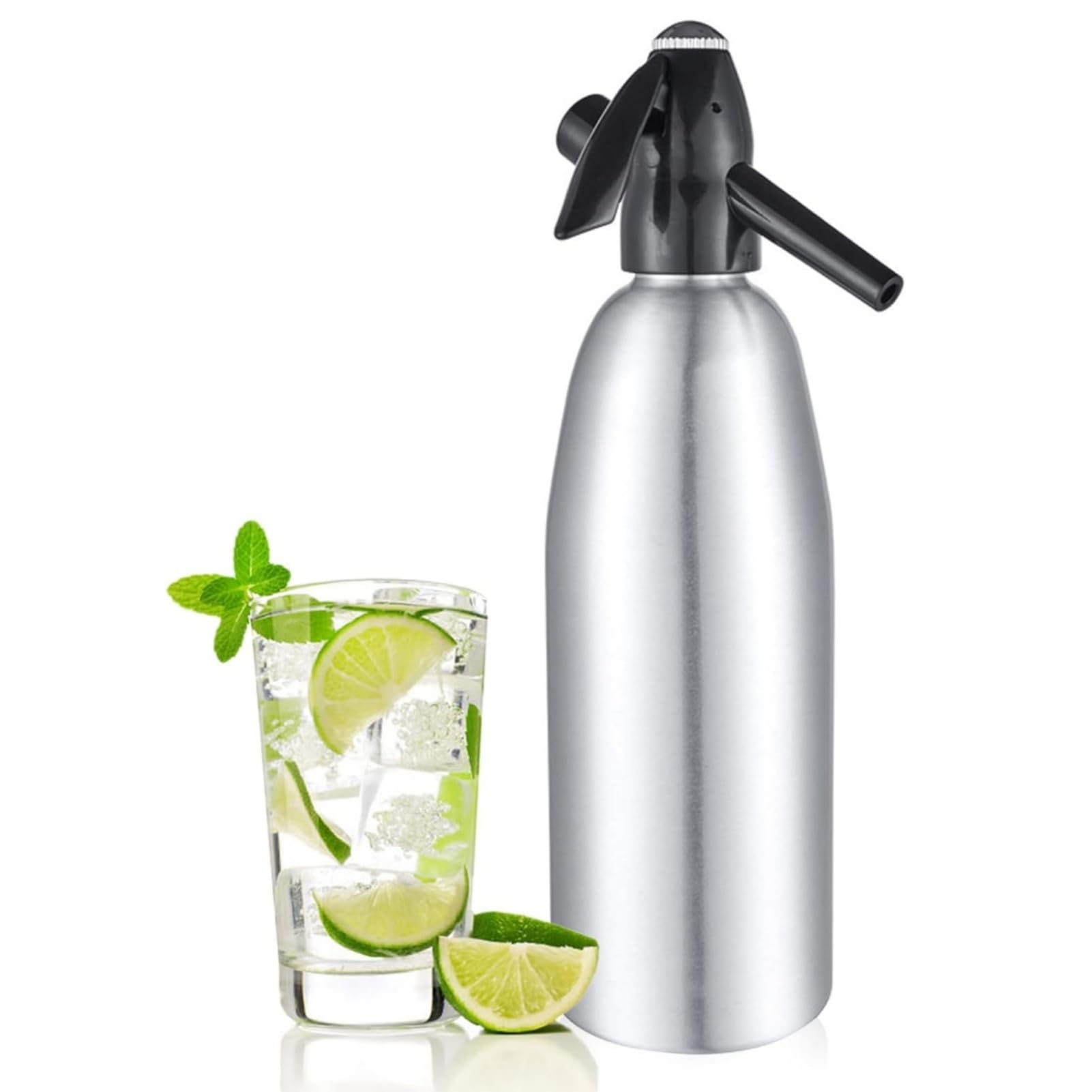 1L Soda Siphon Bottle Professional Alloy Soda Siphon Carbonated Seltzer Water Maker with Pressure Regulator for Juice Drinks Cocktail(Silver)