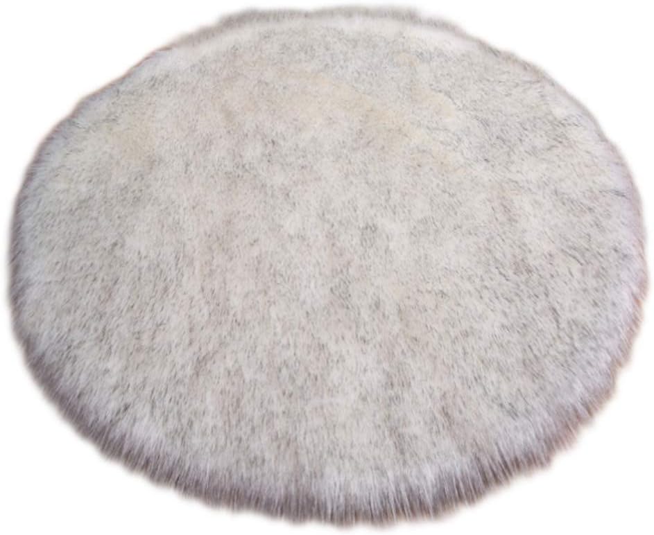 Round Mat Home Decor Faux Fur Sheepskin Rugs Kids Carpet Nursery Bedroom Fluffy Rug Shaggy Area Rug, Diameter 2ft White+Grey