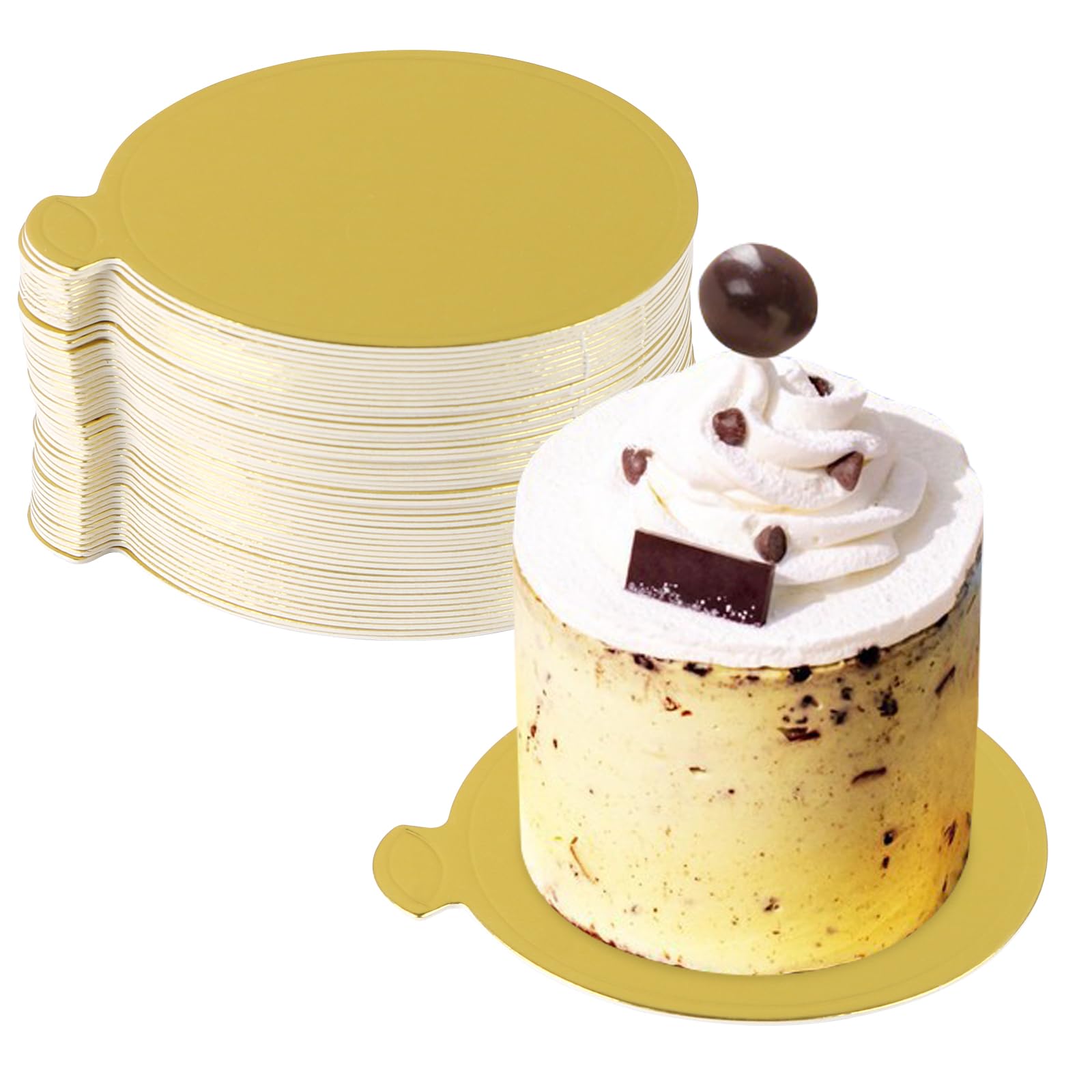 Photo 1 of MIDELONG Mini Cake Boards, 3.1 Inch Gold Base Round Cardboard Mousse Base, Paper Cupcake Dessert Displays Tray for Decorating Party Wedding Birthday, Pack of 50
