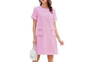 Wenrine Women's Tweed Mini Dress Short Sleeve Crew Neck Work Office Elagant Formal Summer A Line Dresses