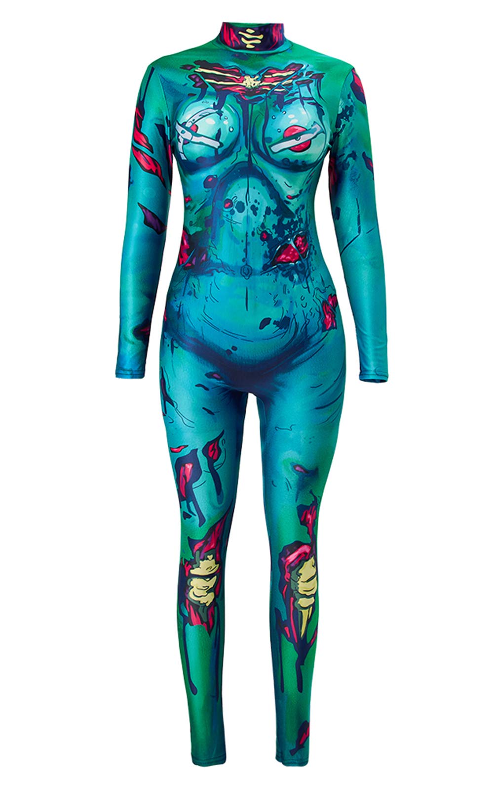 Halloween Jumpsuit 3D Grafik Printed Halloween Kostüme Ideen Royalblau Schwarz Weiß Knochen Organ Blood Haut Enge Skeleton Bodysuit Overall Xray High Neck Catsuit für Frauen