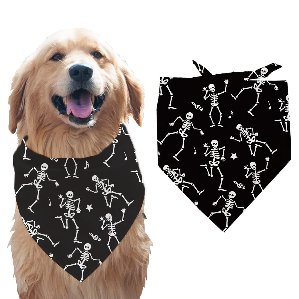 Arricraft Dog Bandana, Black Cotton Halloween Skeletons Scarf, Adjustable Bib for Large Dogs, Washable, 55x78cm