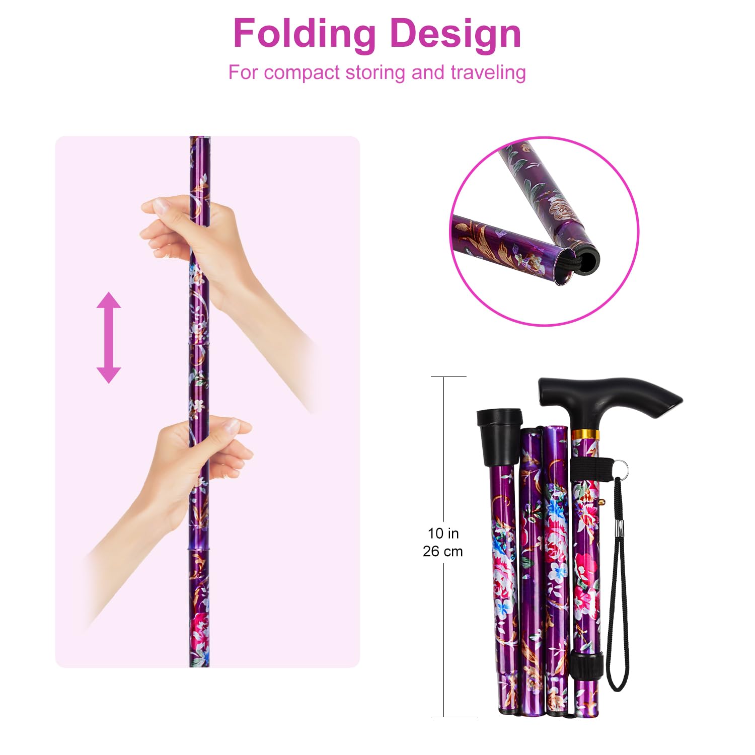 MFE Folding Cane, Portable 5-Level Adjustable Height Walking Stick with Foldable Design, Wrist Strap, and T Handle for Men and Women