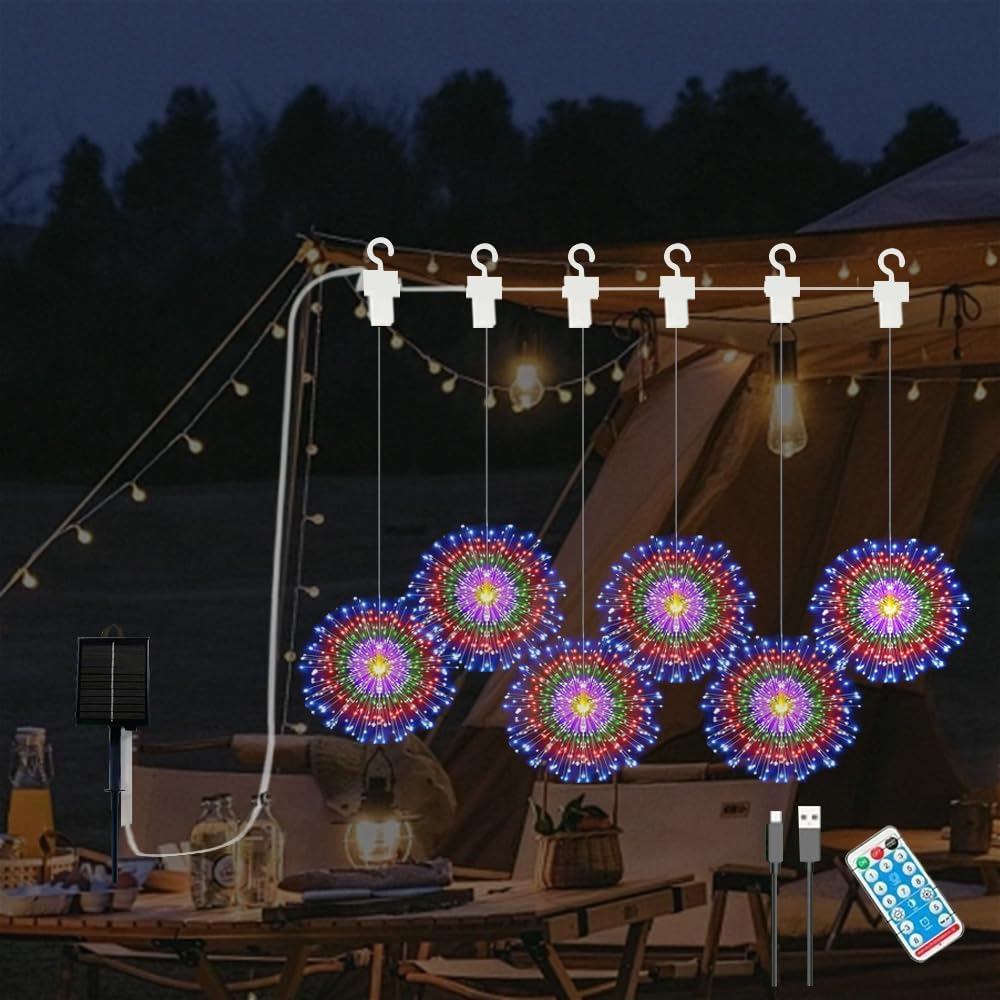 YZYOE 6 Pack LED Outdoor Solar Colorful Gradient Fireworks Lights with Remote Control, Waterproof Solar&USB Powered Courtyard Atmosphere Decorative Lights,8 Modes DIY Path Light.