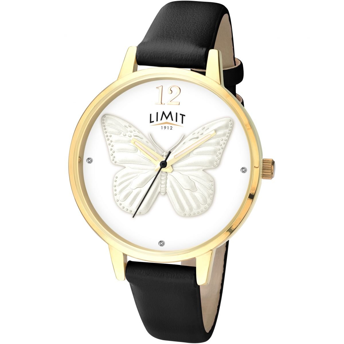 Limit Secret Garden 6283 Gold Plated Butterfly Black Strap Watch Wrist Womens