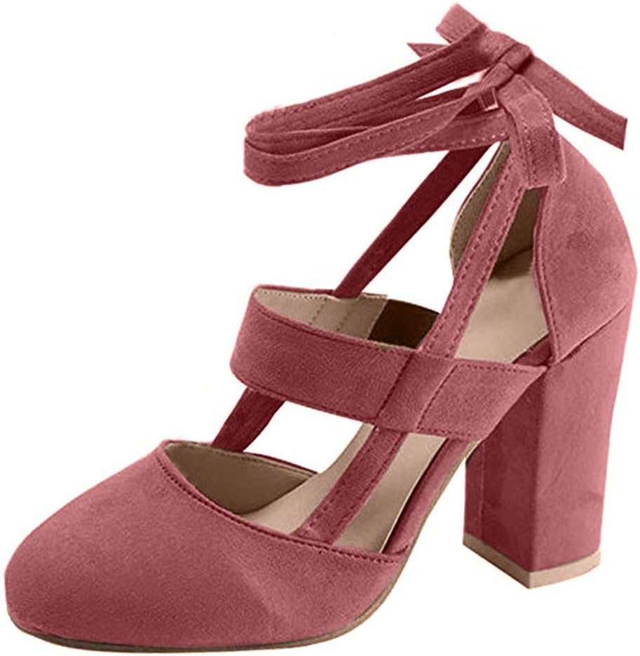 MayBest Women's Chunky Ankle Strappy Sandals Lace Up High Heels Party Simple Classic Pumps