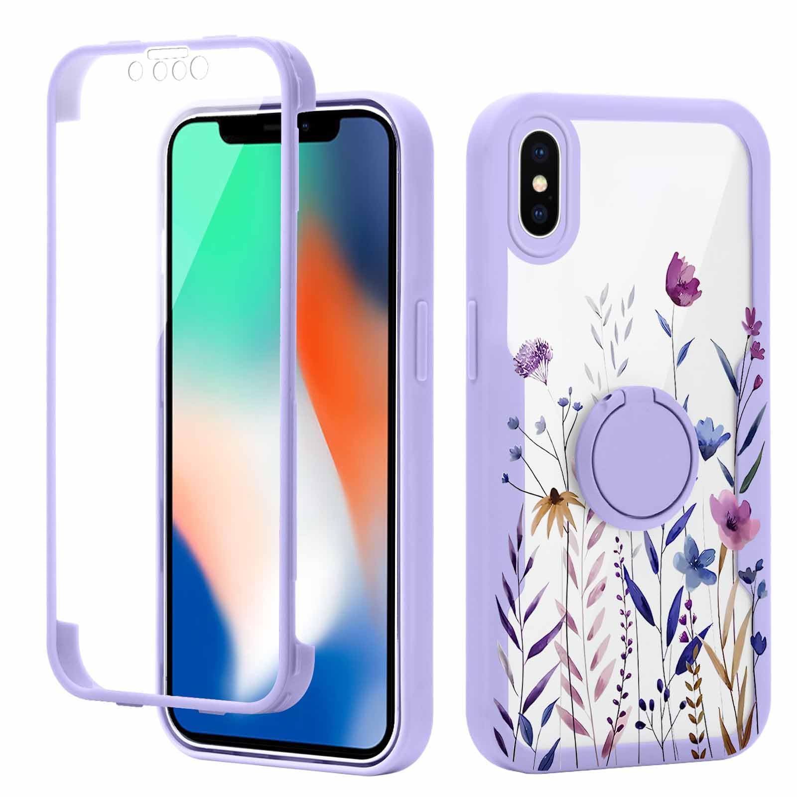 Yoedge Kickstand Phone Case for iPhone X/XS 5.8", 360°Rotatable Magnetic Ring Holder Cases,Full Body Shockproof Silicone TPU Back Cover with Built-in Screen Protector,Color Flower