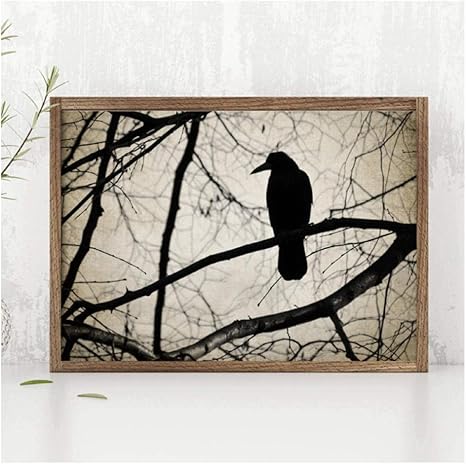 Amazon Co Jp カラスの枝にキャンバスアートプリントカラスシルエットポスター 森の木鳥キャンバス絵画画像家の壁アートの装飾50 70センチ フレームなし ホーム キッチン