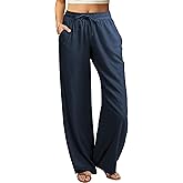 keriffe Women's Summer Casual Pants Loose Fit Beach Pants High Waist Drawstring Wide Straight Leg Palazzo Trousers Pockets