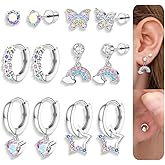 Hypoallergenic Surgical Steel Screw Back Earrings for Girls Women - Cute Toddler Kids Stud Huggie Hoop Earrings for Sensitive Ears Star Heart Butterfly Dangle Earrings Set Multicolored 20G 6 Pairs age:over 3 years old