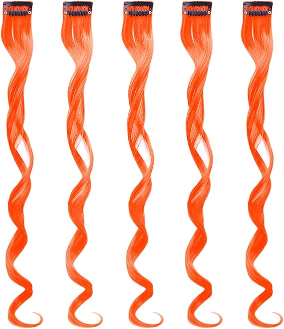 amazon エクステ 全36色 5本セット カール シールエクステ ウィッグ つけ毛 クリップ 取り付け簡単 グラデーションカラー 耐熱 パーティー ファッション カール オレンジ エクステンション 通販