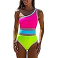 popvil Women's Sexy One Shoulder One Piece Bathing Suits Neon Color Block Swimsuits Slimming Mesh Swimwear