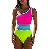 popvil One Shoulder One Piece Swimsuit for Women Neon Color Block Bathing Suits Modest Full Coverage Swimwear