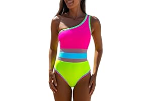 popvil Women's Sexy One Shoulder One Piece Bathing Suits Neon Color Block Swimsuits Slimming Mesh Swimwear
