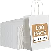 RACETOP 100 Pack Small Gift Bags 5.8x3.2x8.25 Inch White Kraft Paper Bags with Handles Bulk, Retail Shopping Bag for Birthday Party Favors, Grocery, Wedding, Craft