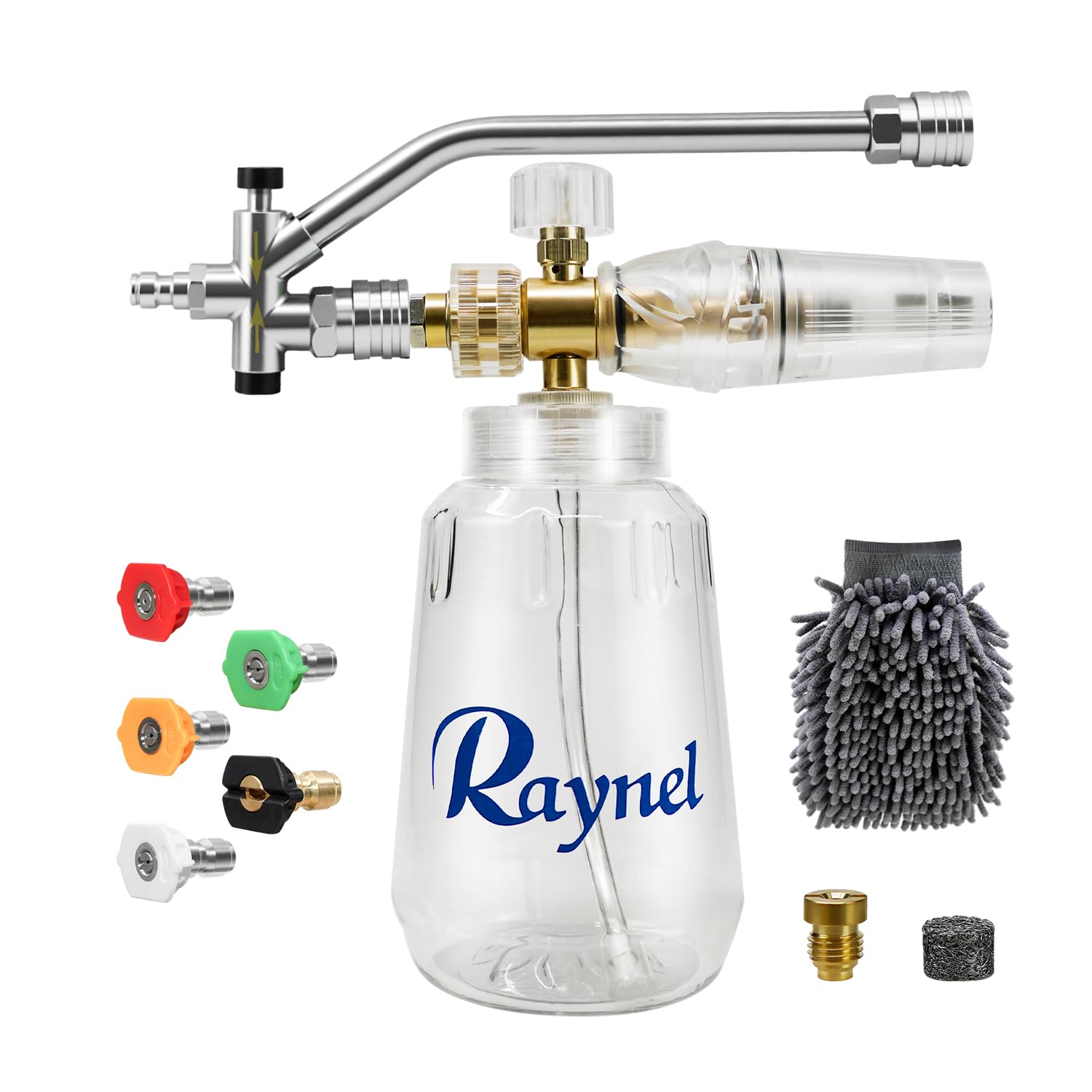Photo 1 of RAYNEL Foam Cannon with Dual Connector Accessory for Pressure Washer, 1/4” Quick Connect, 5 Pressure Washer Nozzle Tips, Car Wash Mitt, Replaceable Orifice Nozzle and Foam Maker