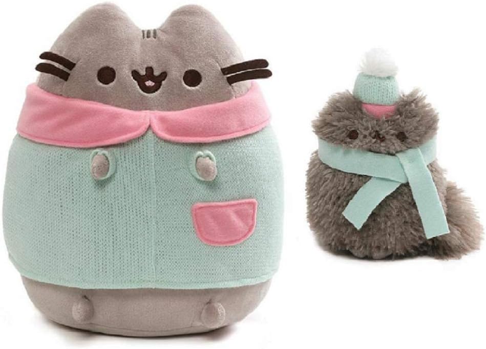 GND Pusheen Plush Winter Two Piece Bundle, 9 inch Pusheen Wearing a Christmas Sweater and 4.5 inch Pip with a Hat and Scarf
