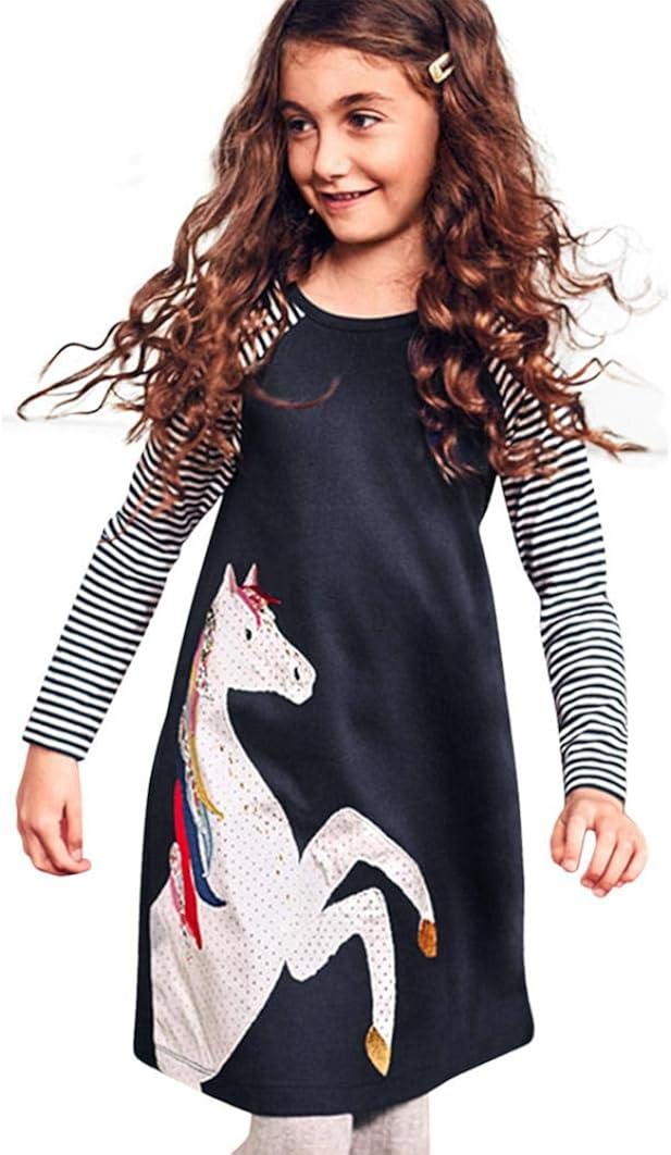 Pocciol Clearance/Toddler Baby Girl Kid Spring Dress children Horse Print Stripes Sleeves Princess Party Dress