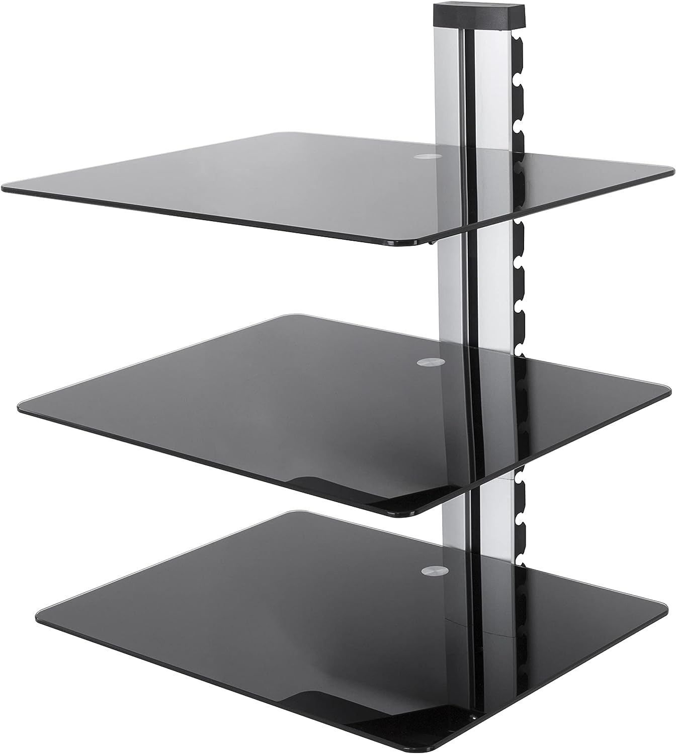 mahara Black Glass Floating Shelves - Three Tier Shelf Unit with Tempered Glass and Silver Cable Management - For TV,AV & Gaming - 38cm x 28cm - 10Kg Max