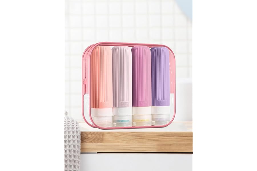 Travel Bottles for Toiletries – 3oz Portable Leak Proof Squeezable Silicone Travel Containers with Clear Toiletry Bag (4 Pack, Lavender, Deep Pink, Soft Pink)