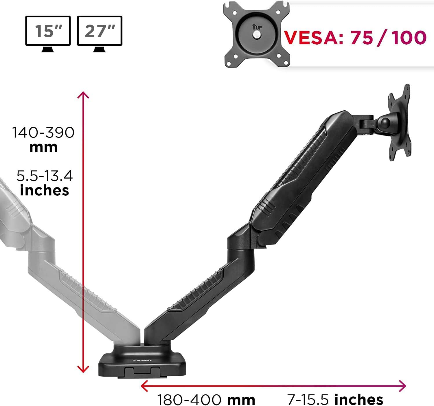Duronic Monitor Arm Stand DMDC52, Double Gas-Powered PC Desk Mount, Black, Height Adjustable, For Two 13-24 LED LCD Screens - Image 4