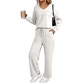 Dokotoo Women's 2 Piece Lounge Set Casual V Neck Sweatshirt Fashion Travel Wide Leg Tracksuit Sweatsuits Outfits