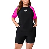 Halcurt Women's Plus Built in Bra Rash Guard Two Piece Swim Shirt and Pockets Boyleg Shorts