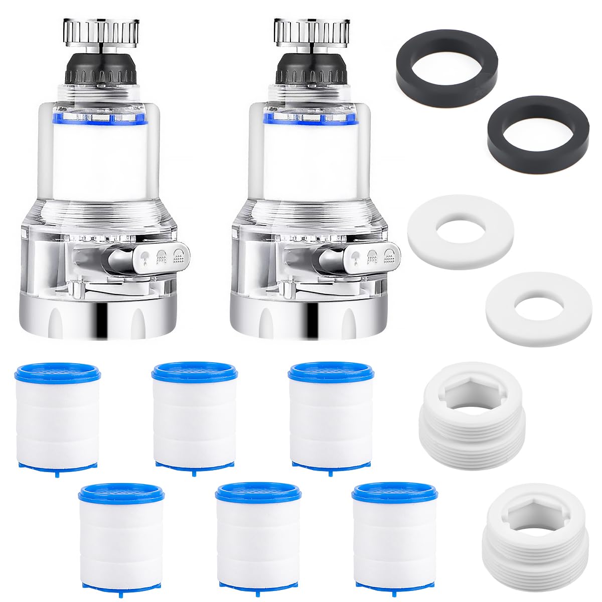 Fonyet Tap Water Filter Pack of 2 with 6 Extra PP Cotton Filter Elements, 360° Rotatable Tap Filter with 3 Adjustable Water Release Modes for Kitchen and Bathroom