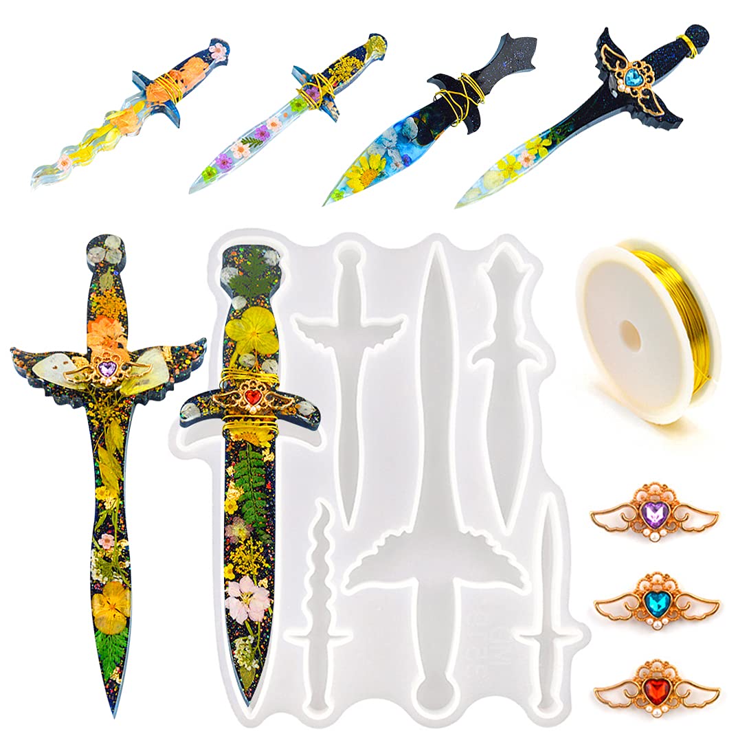 Koonafy Resin Molds Epoxy Resin Casting Silicone Molds with 6 Different Shape Casting Mold with Golden Craft Wire for Keychain Cosplay Decoration