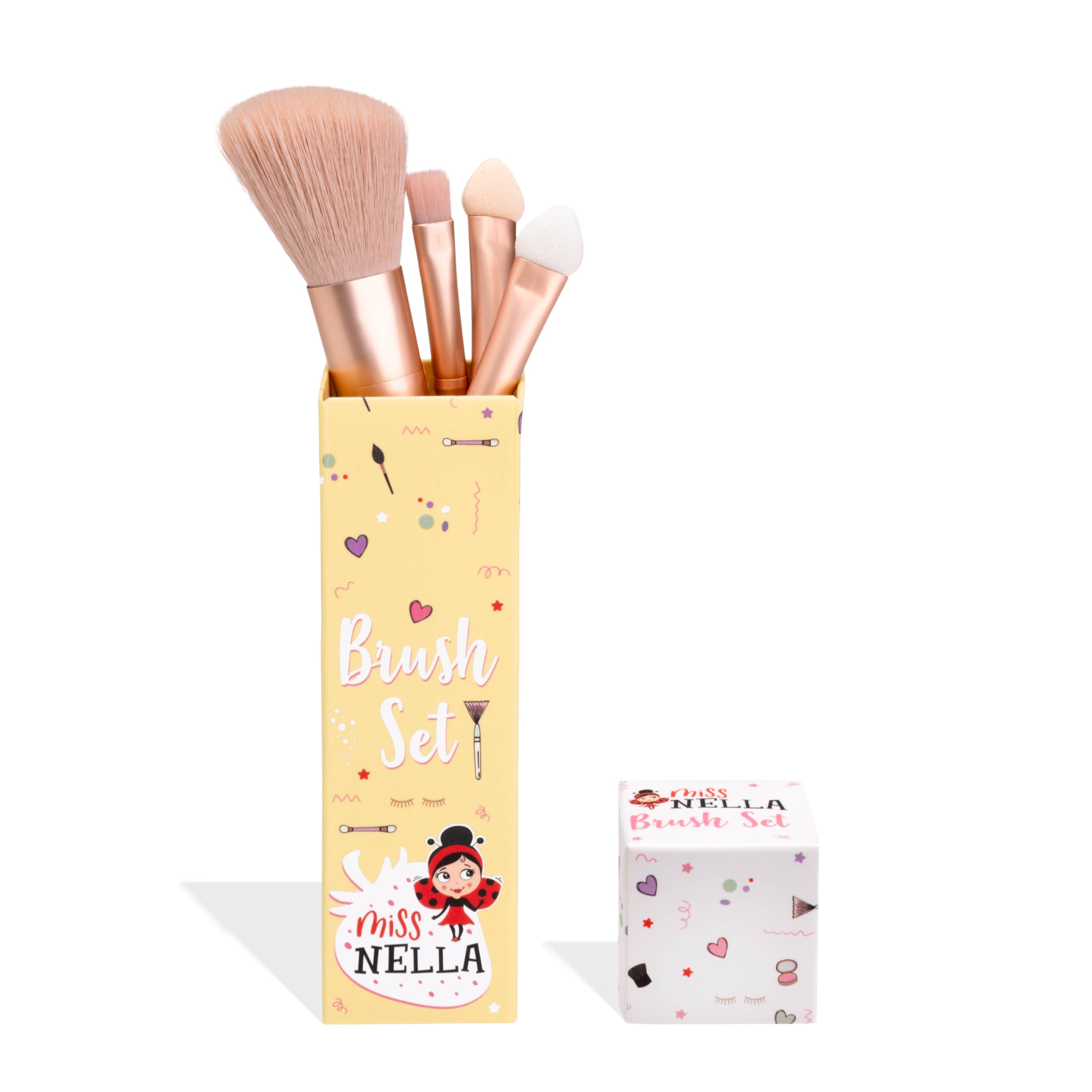 Miss Nella Make Up Brush Set for Kids, 4 kid size pink brushes, 2 eye shadow applicators, blush brush, blending brush, perfect for little hands