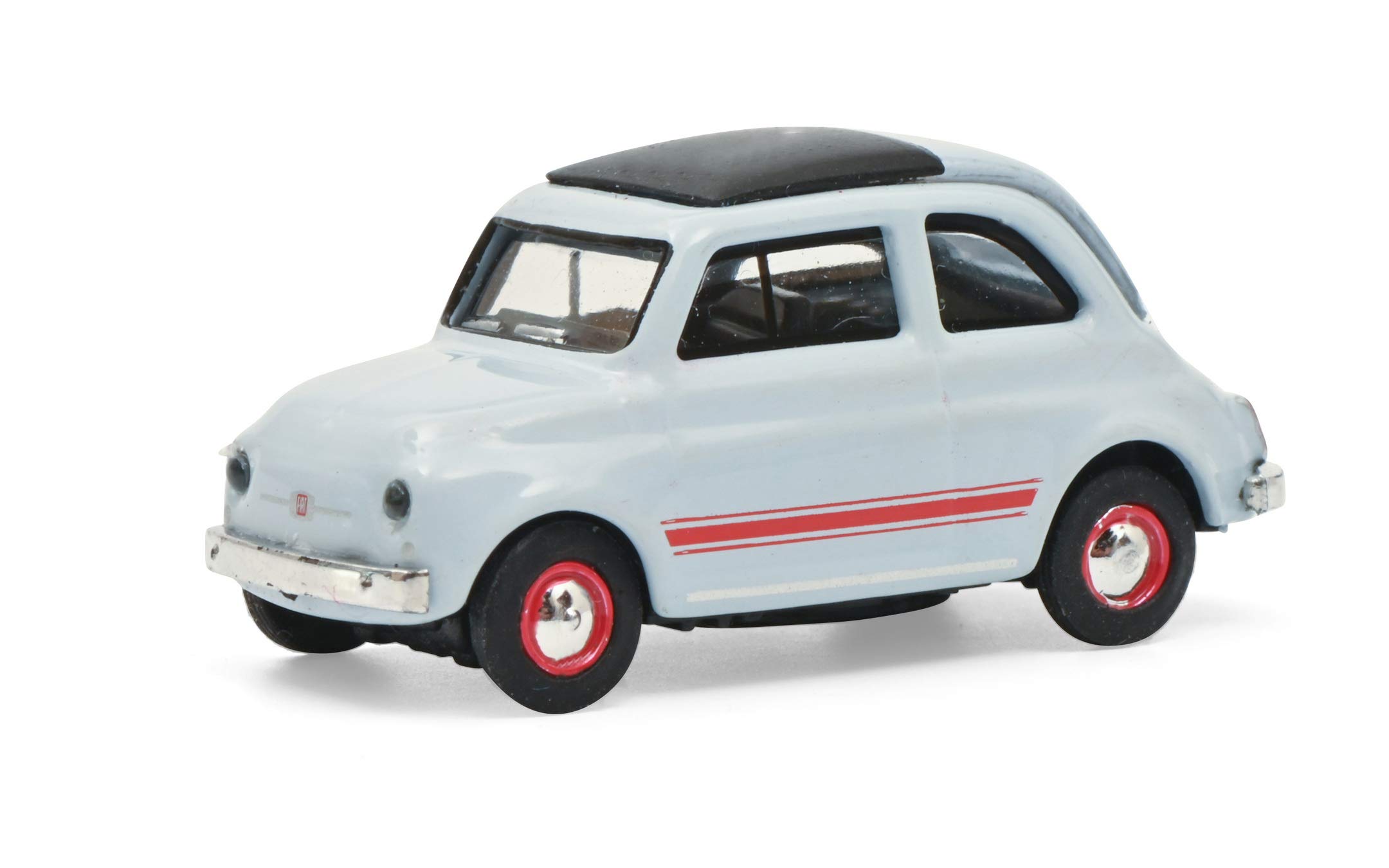 Schuco FIAT 500 Sport 452659400 Model Car with Red Rally Stripes 1:87 Scale Blue/Grey
