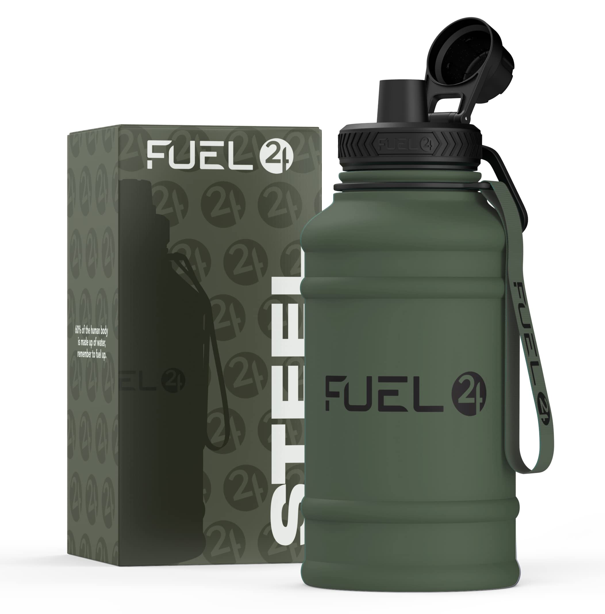 Fuel24 1.3L/2.2L Water Bottle Metal - STRONG, Drop & Leakproof BPA free 2L 1L Stainless Steel Water Bottle (1 Litre) - Large Gym Bottles for Men, Sports Water Bottle, Travel, Hiking Water Bottle